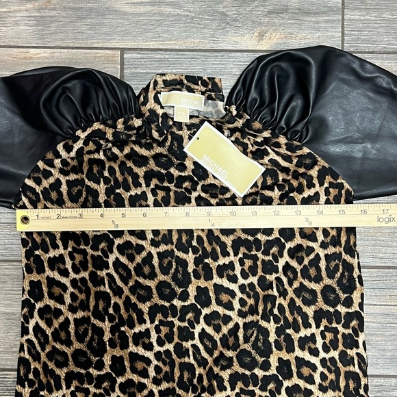 NWT Michael Kors Leopard Print Vegan Faux Leather Sleeve Top Shirt P/S Small - Picture 10 of 14